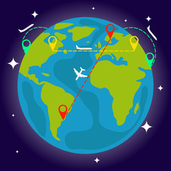 Naklejka premium Flights between cities. Schemes of air travel on the background of the Earth.