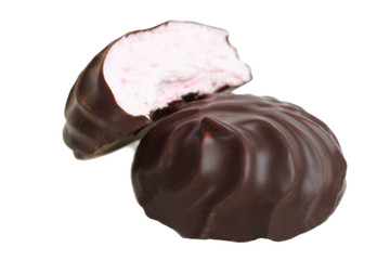 Pink marshmallows in chocolate