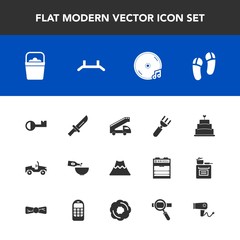 Modern, simple vector icon set with cutlery, pie, laptop, footwear, mountain, sound, blow, vehicle, spoon, water, slipper, truck, hairdryer, landscape, crater, pull, fork, cake, sweet, up, care icons