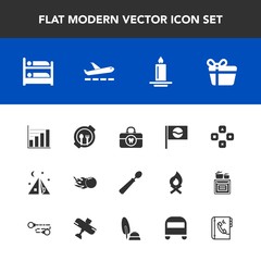 Modern, simple vector icon set with game, dinner, food, present, japanese, hostel, light, plate, adventure, diagram, box, kitchen, camp, japan, candle, spoon, comet, gift, business, brush, clean icons