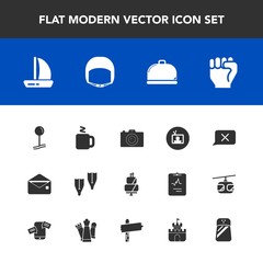 Modern, simple vector icon set with screen, mail, tv, envelope, summer, photography, equipment, restaurant, map, helmet, cake, ship, food, pie, chat, boat, belt, photographer, concept, service icons