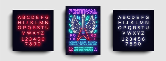 Rock music concert poster vector. Design Template Rock Music Festival, Neon Style, Neon Banner, Light Flyer, Concert Invitation, Rock Roll Music, Night Party Invitation. Vector. Editing neon sign