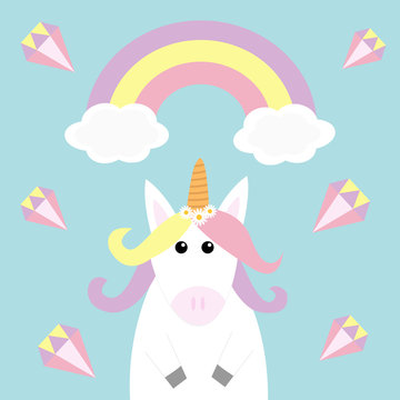 Unicorn holding rainbow cloud diamond brilliant stone. Kawaii face. Pastel color. Flat lay design. Cute cartoon baby character. Funny horse. Happy Valentines Day. Love card Blue background
