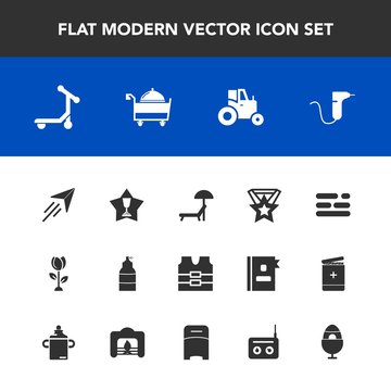 Modern, simple vector icon set with vest, restaurant, plane, paper, jacket, clothing, vehicle, beach, paint, medical, protective, agriculture, winner, field, spring, travel, achievement, table icons