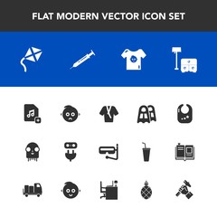 Modern, simple vector icon set with construction, clothes, summer, plug, equipment, electricity, chair, monster, ufo, cute, file, baby, mask, infant, kid, energy, foreman, sad, sport, needle icons