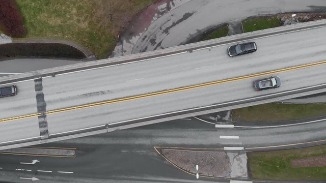 Traffic on highway road near Kristiansand, Norway. E18. Drone footage.
