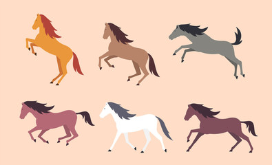 Set of colorful horses. flat style. isolated on beige background