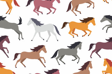 Seamless pattern with Colorful horses. flat style. isolated on white background