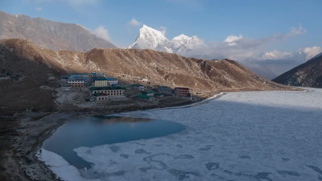 Time Lapse of the frozen lake Gokyo at sunset. Nepal, Himalaya mountains.