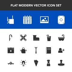 Modern, simple vector icon set with star, chef, day, pinafore, cold, bathroom, fashion, footwear, razor, stamp, play, table, celebration, desk, leather, calendar, apron, shower, event, kitchen icons