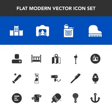 Modern, simple vector icon set with musical, screen, wine, social, ice, bed, human, road, map, television, equipment, fire, baby, ball, hotel, league, dryer, kitchen, travel, vacation, person icons