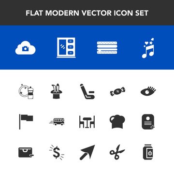 Modern, simple vector icon set with transport, flag, chair, match, table, home, magic, beautiful, cloud, competition, jar, interior, cabinet, snack, candy, equipment, web, cheeseburger, music icons