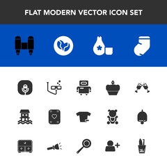 Modern, simple vector icon set with drink, doughnut, winter, android, rocket, shirt, warm, robot, caffeine, toothpaste, sweet, scuba, play, game, clothing, fashion, japan, space, futuristic, red icons