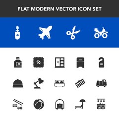 Modern, simple vector icon set with mouthwash, tool, travel, bedroom, plane, mail, double, table, hygiene, privacy, makeup, hotel, post, letter, mouth, mascara, bike, furniture, bar, airplane icons