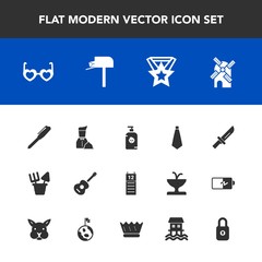 Modern, simple vector icon set with stationery, award, dinner, happy, knife, reminder, background, energy, cutlery, soap, toy, tie, music, hippie, lock, mail, style, food, sand, restaurant, fork icons