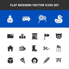 Modern, simple vector icon set with bed, vacation, real, film, style, lollipop, duck, interior, home, internet, pig, room, house, child, send, handle, location, lady, toy, leather, piglet, video icons