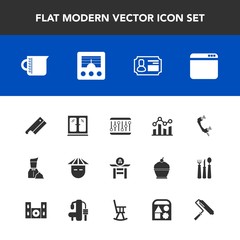 Modern, simple vector icon set with web, internet, antenna, signal, young, wireless, trend, concept, business, furniture, restaurant, telephone, graph, axe, identity, waiter, food, container, id icons