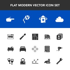 Modern, simple vector icon set with identity, truck, pot, transportation, van, id, tool, food, play, leisure, technology, office, car, web, spoon, modern, equipment, fun, spanner, kite, entrance icons
