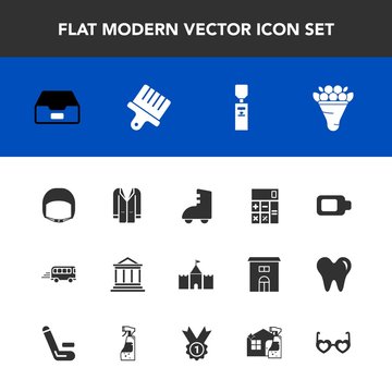 Modern, simple vector icon set with roller, transport, bouquet, decoration, speed, liquid, fashion, pink, outfit, tower, helmet, banking, accounting, water, jacket, money, flower, battery, bus icons