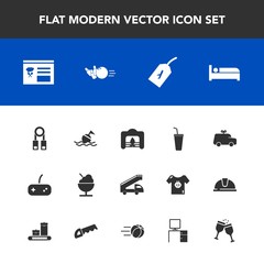 Modern, simple vector icon set with lifebuoy, car, toy, icecream, hotel, child, pin, bed, juice, food, buoy, training, christmas, help, presentation, sport, fire, drink, sign, fireplace, warm icons