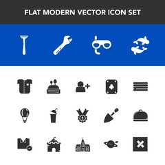 Modern, simple vector icon set with sport, wrench, sea, parachute, sign, winner, closed, award, snack, drink, scuba, dessert, cake, clothing, burger, account, cup, razor, food, extreme, mask icons