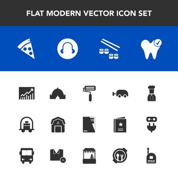 Modern, simple vector icon set with graph, trend, camp, travel, bellboy, adventure, pizza, barn, food, staple, sign, concept, chief, seafood, japan, roll, baby, outdoor, natural, boy, fish, file icons