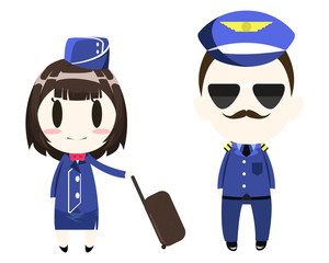 Pilot and stewardess in uniform crew aviator airline cartoon character flat design style