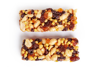 Healthy granola munchies on white background