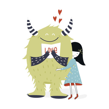 Cute and kind nursery poster with girl and monster. Vector illustration in scandinavian style