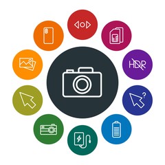 mobile, video, photos, cursors Infographic Colorful outline Icons Set. Contains such Icons as telephone,  communication, camera,  arrow, power,  lens,  dual and more. Fully Editable. Pixel Perfect