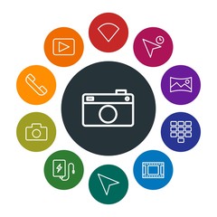 mobile, video, photos, cursors Infographic Colorful outline Icons Set. Contains such Icons as  phone, technology,  internet,  signal,  technology,  network,  no and more. Fully Editable. Pixel Perfect