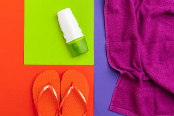 Summer holiday background, Beach accessories on color block background