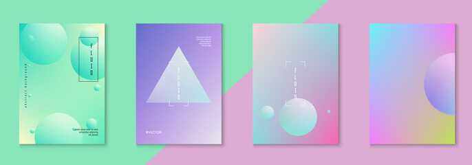 Holographic cover set with radial fluid. Geometric shape on gradient background. Trendy hipster template for placard, presentation, banner, flyer, brochure. Minimal holographic cover in neon color