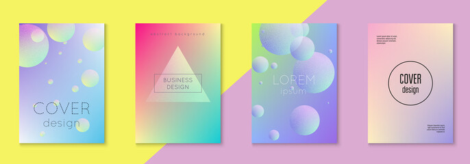 Holographic cover set with radial fluid. Geometric shape on gradient background. Modern hipster template for placard, cover, banner, flyer, presentation, annual. Minimal holographic cover in neon