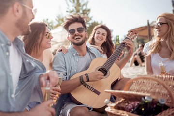 Group of friends with guitar having picnic on the beach