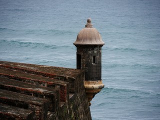 One of the turrets of the Castillo San Cristobal or Fort San Cristobal overlooking the ocean at the Old San Juan district in Puerto Rico