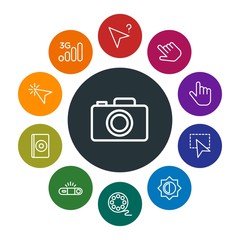 mobile, video, photos, cursors Infographic Colorful outline Icons Set. Contains such Icons as  disc,  flash,  technology,  click,  fashion,  selection,  cursor and more. Fully Editable. Pixel Perfect