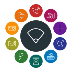 mobile, video, photos, cursors Infographic Colorful outline Icons Set. Contains such Icons as  click,  cursor,  mouse,  scenery,  photography, network, hd,  low and more. Fully Editable. Pixel Perfect