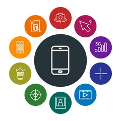mobile, video, photos, cursors Infographic Colorful outline Icons Set. Contains such Icons as card,  white,  cell,  entertainment,  communication, phone,  shot and more. Fully Editable. Pixel Perfect