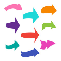 Set of nine multicolored various arrows. Vector illustration
