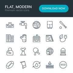 Modern Simple Set of sports, nature, buildings Vector outline Icons. Contains such Icons as  crane,  volcano, plan, building,  bin,  house and more on white background. Fully Editable. Pixel Perfect