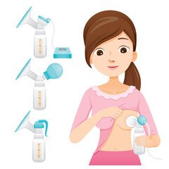 Mother Pumping Her Breast With Automatic Breast Pump. Breast Pump Set, Mother’s day, Suckling, Infant, Motherhood, Innocence