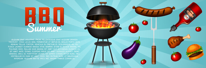 Barbecue grill elements set isolated on red background. BBQ party poster. Summer time. Meat restaurant at home. Charcoal kettle with tool, sauce and foods. Kitchen equipment for menu. Cooking outdoors - obrazy, fototapety, plakaty