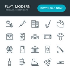 Modern Simple Set of sports, nature, buildings Vector outline Icons. Contains such Icons as target,  fun,  ice, winner, baseball, building and more on white background. Fully Editable. Pixel Perfect