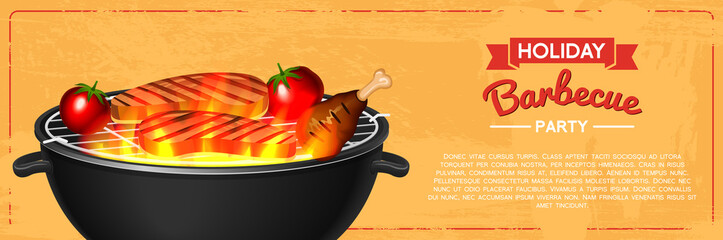 Barbecue grill elements set isolated on red background. BBQ party poster. Summer time. Meat restaurant at home. Charcoal kettle with tool, sauce and foods. Kitchen equipment for menu. Cooking outdoors