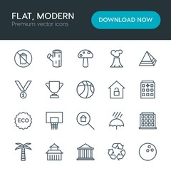 Modern Simple Set of sports, nature, buildings Vector outline Icons. Contains such Icons as food,  architecture,  environment,  texture,  do and more on white background. Fully Editable. Pixel Perfect
