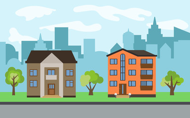 Vector city with two-story and three-story cartoon houses and green trees in the sunny day. Summer urban landscape. Street view with cityscape on a background
