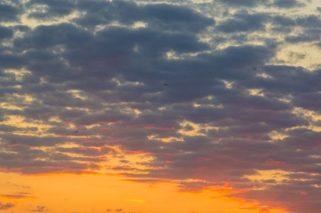 Landscape with dramatic light - beautiful golden sunset with saturated sky and clouds.