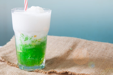 Thai dessert, rice noodles, jackfruit and  coconut milk with shaved iced, popular summer dessert in Thailand, Street food