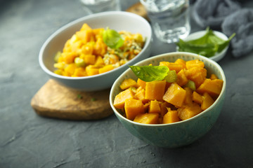 Pumpkin stew with rice and fresh basil